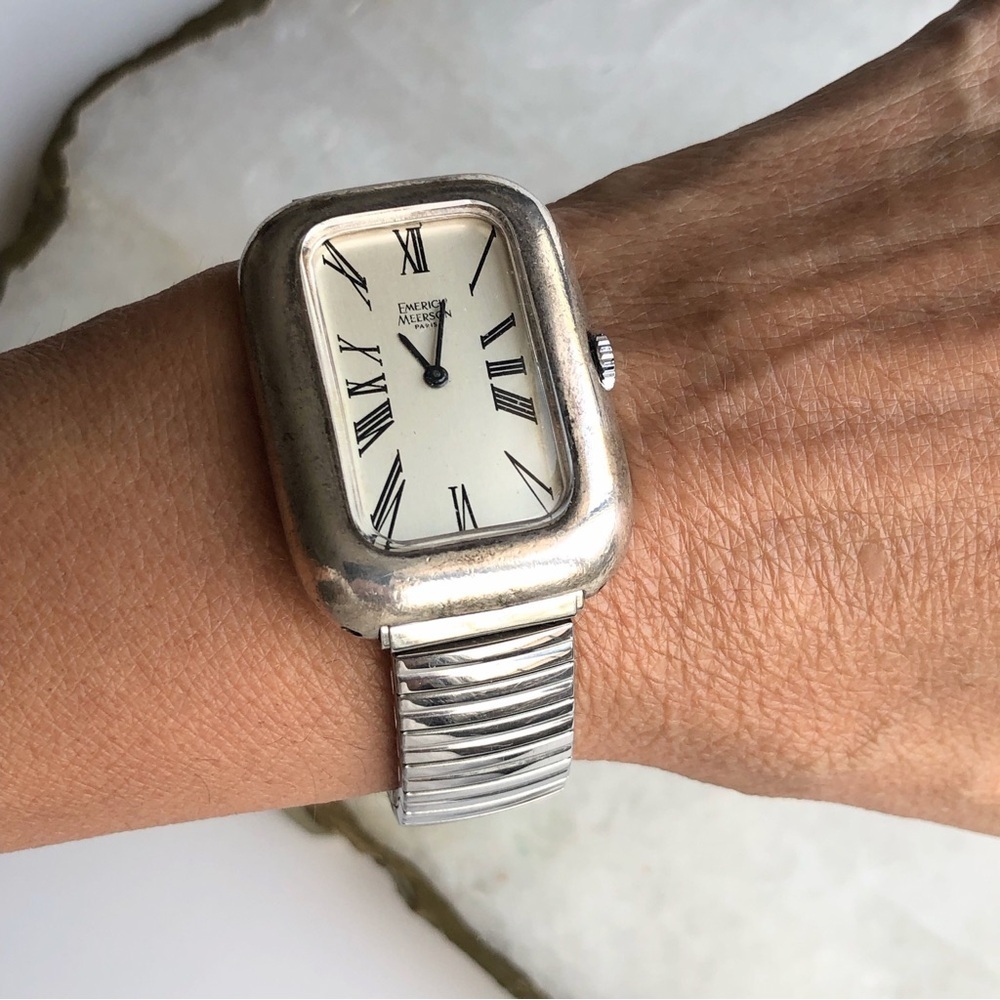 Vintage Emerich Meerson Paris Solid Sterling Silver Tank Rectangle Case Watch - Picture 8 of 9